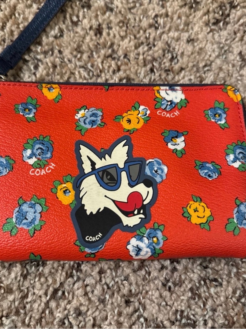 Coach Red Floral Wristlet with wolf Patch